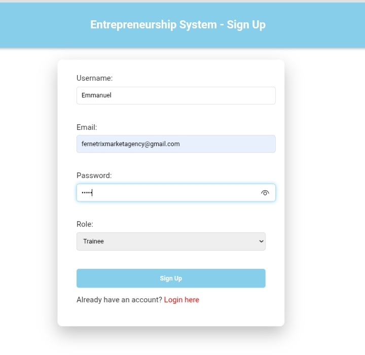 Entrepreneurship System Screenshot